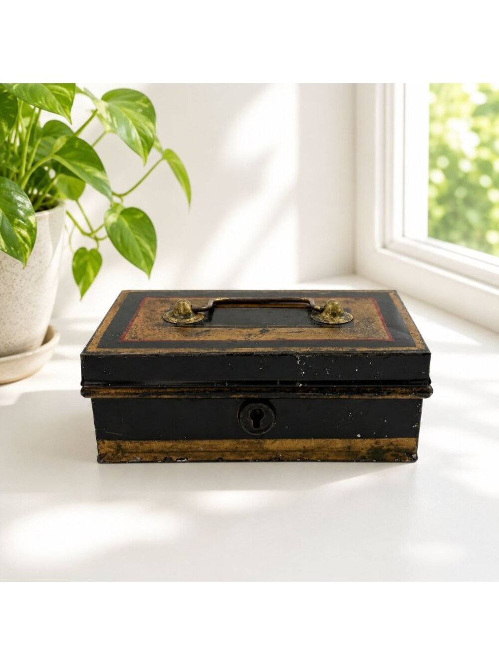 Antique Black & Gold Metal Cash Box With Handle & Keyhole Decorative Storage Con